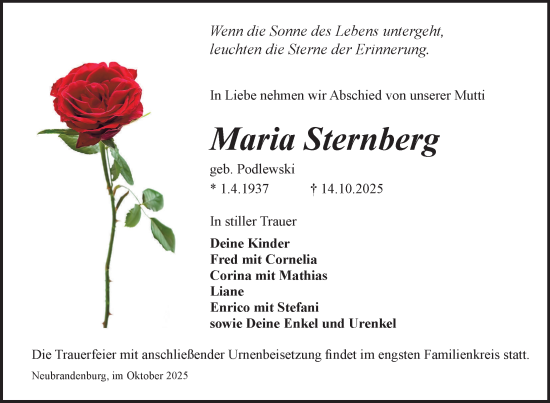 Traueranzeige von Maria Sternberg von Nordkurier Neubrandenburger Zeitung