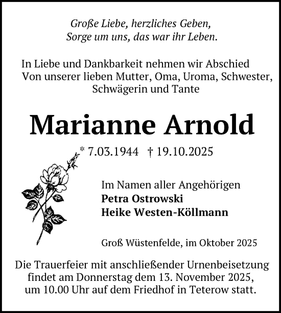 Traueranzeige von Marianne Arnold von Nordkurier Mecklenburger Schweiz