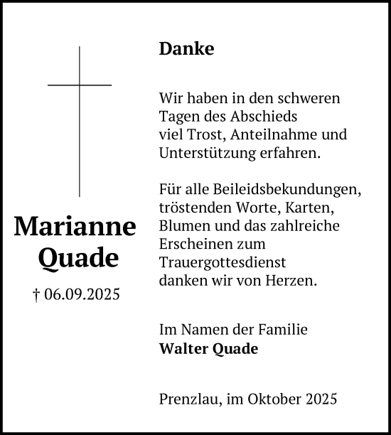 Traueranzeige von Marianne Quade von Uckermark Kurier Prenzlauer Zeitung