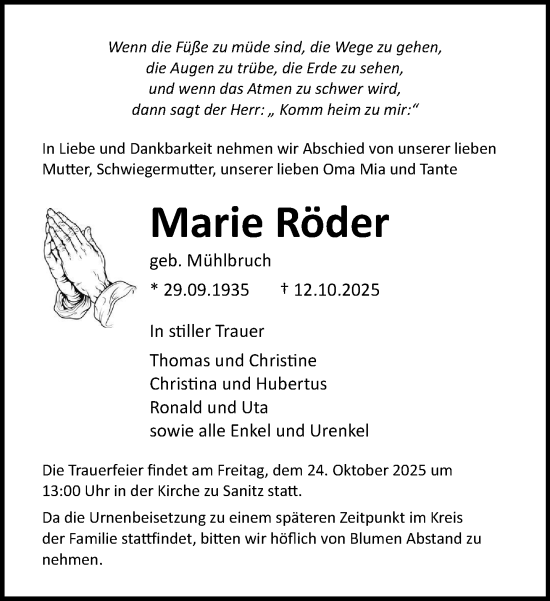 Traueranzeige von Marie Röder von Norddeutsche Neueste Nachrichten