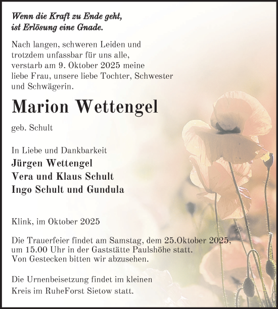 Traueranzeige von Marion Wettengel von Nordkurier Müritz-Zeitung