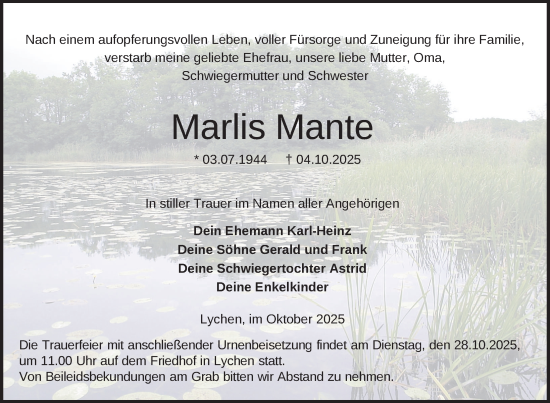 Traueranzeige von Marlis Mante von Uckermark Kurier Templiner Zeitung