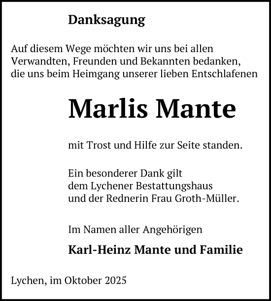 Traueranzeige von Marlis Mante von Uckermark Kurier Templiner Zeitung