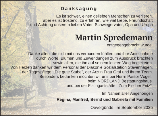 Traueranzeige von Martin Spredemann von Nordkurier Mecklenburger Schweiz