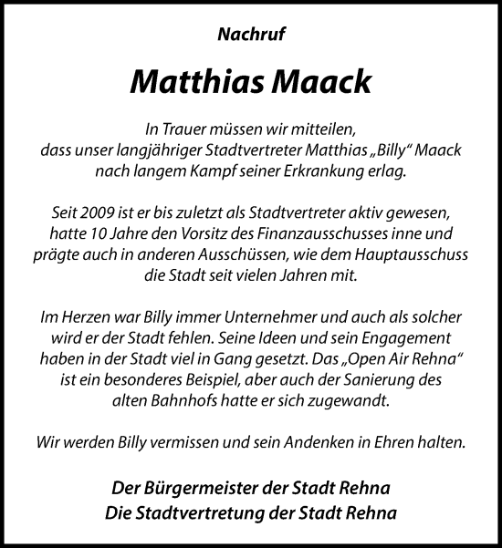 Traueranzeige von Matthias Maack von Gadebusch - Rehnaer Zeitung