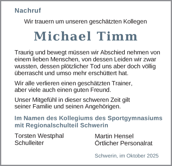Traueranzeige von Michael Timm von Zeitung für die Landeshauptstadt