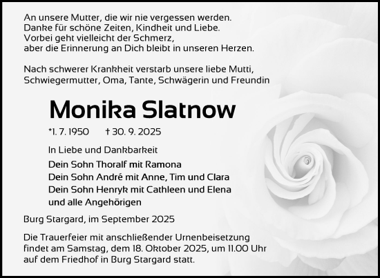 Traueranzeige von Monika Slatnow von Nordkurier Neubrandenburger Zeitung