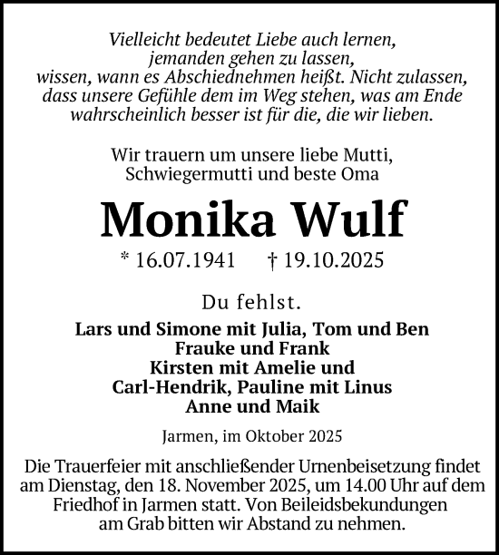 Traueranzeige von Monika Wulf von Nordkurier Vorpommern Kurier