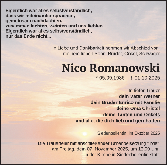 Traueranzeige von Nico Romanowski von Nordkurier Neubrandenburger Zeitung