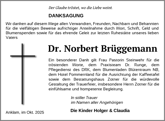 Traueranzeige von Norbert Brüggemann von Nordkurier Vorpommern Kurier