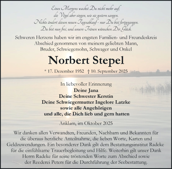 Traueranzeige von Norbert Stepel von Nordkurier Vorpommern Kurier