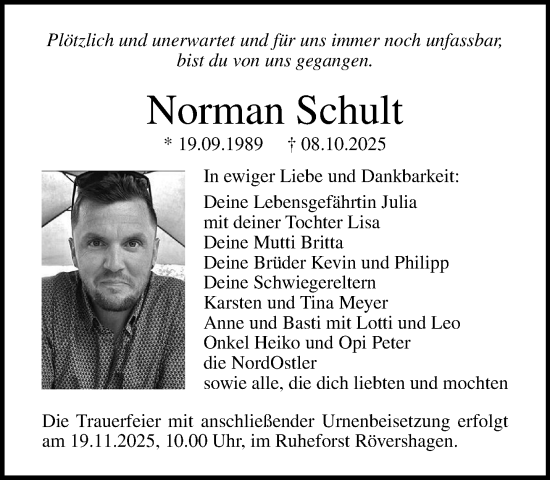 Traueranzeige von Norman Schult von Norddeutsche Neueste Nachrichten