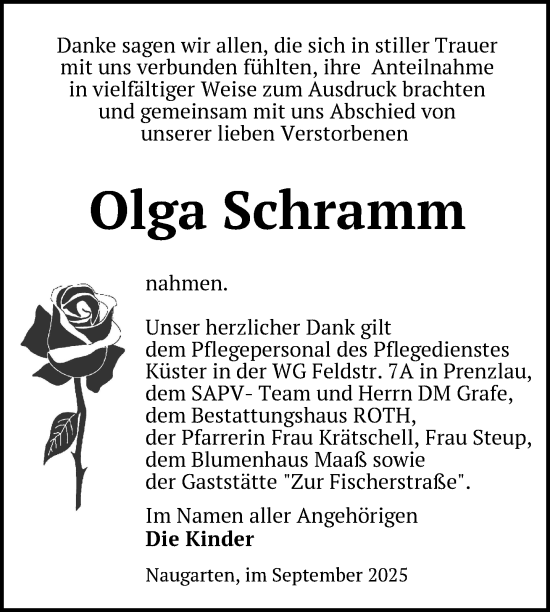 Traueranzeige von Olga Schramm von Uckermark Kurier Prenzlauer Zeitung