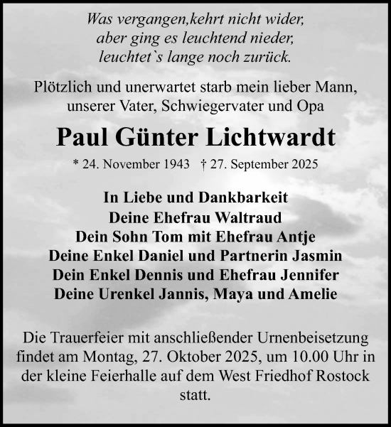 Traueranzeige von Paul Günter Lichtwardt von Norddeutsche Neueste Nachrichten