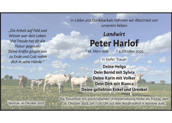 Traueranzeige von Peter Harlof von Güstrow und Bützow