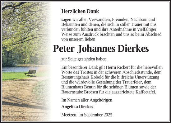 Traueranzeige von Peter Johannes Dierkes von Gadebusch - Rehnaer Zeitung