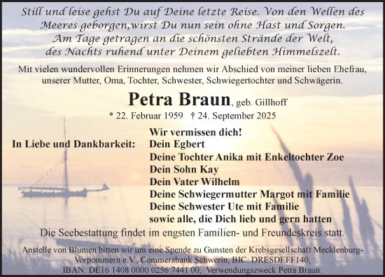 Traueranzeige von Petra Braun von Norddeutsche Neueste Nachrichten
