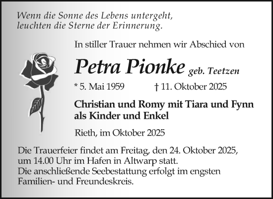 Traueranzeige von Petra Pionke von Nordkurier Haff-Zeitung