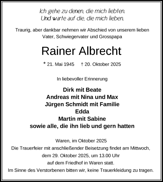 Traueranzeige von Rainer Albrecht von Nordkurier Müritz-Zeitung