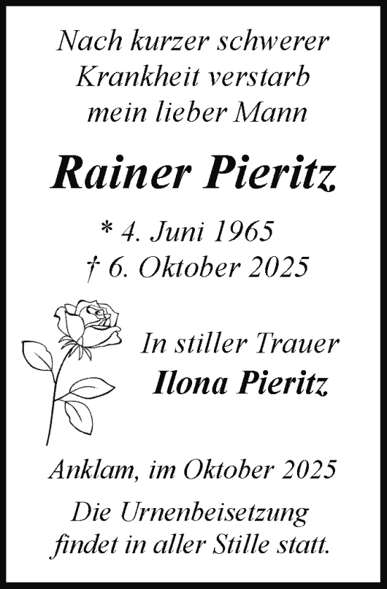 Traueranzeige von Rainer Pieritz von Nordkurier Vorpommern Kurier