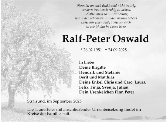 Traueranzeige von Ralf-Peter Oswald von Uckermark Kurier Prenzlauer Zeitung