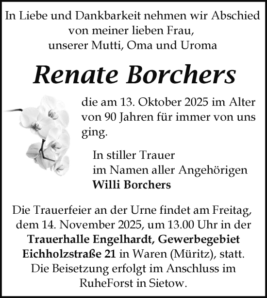 Traueranzeige von Renate Borchers von Nordkurier Müritz-Zeitung