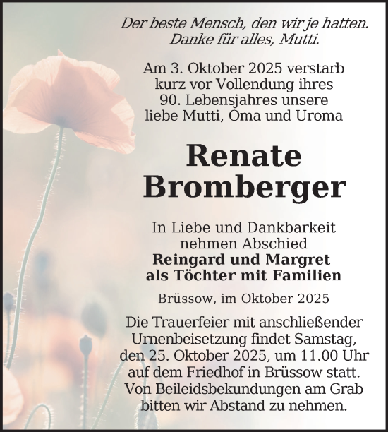 Traueranzeige von Renate Bromberger von Uckermark Kurier Prenzlauer Zeitung