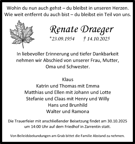Traueranzeige von Renate Draeger von Hagenower Kreisblatt