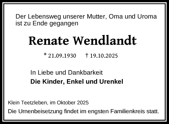 Traueranzeige von Renate Wendlandt von Nordkurier Neubrandenburger Zeitung