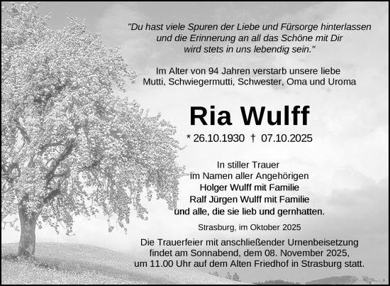 Traueranzeige von Ria Wulff von Nordkurier Pasewalker Zeitung