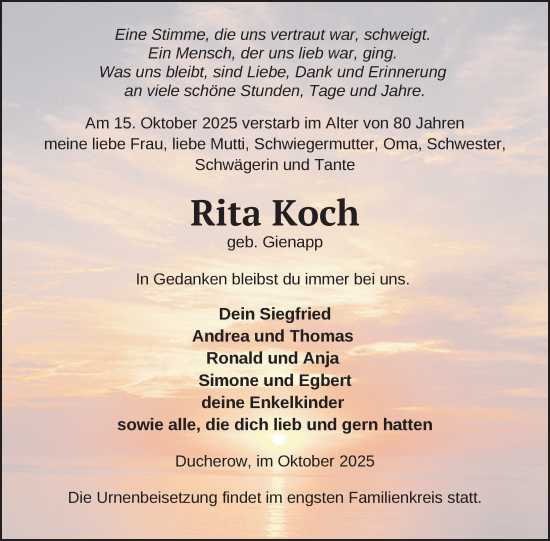 Traueranzeige von Rita Koch von Nordkurier Vorpommern Kurier