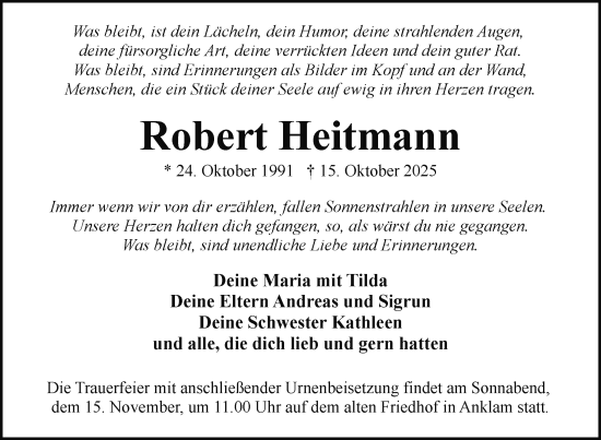 Traueranzeige von Robert Heitmann von Nordkurier Vorpommern Kurier