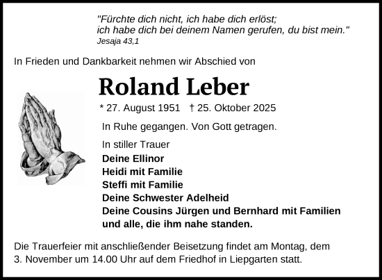 Traueranzeige von Roland Leber von Nordkurier Grosso