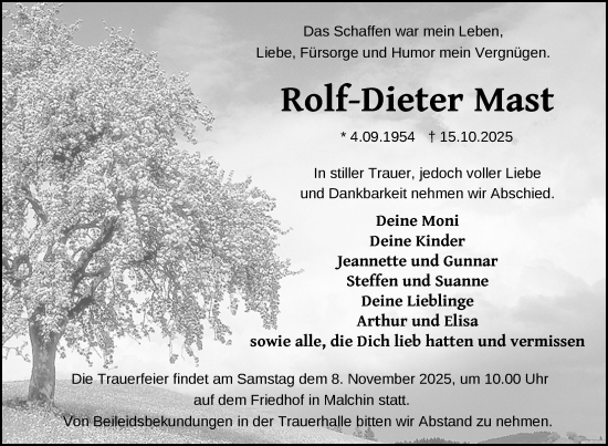 Traueranzeige von Rolf-Dieter Mast von Nordkurier Mecklenburger Schweiz