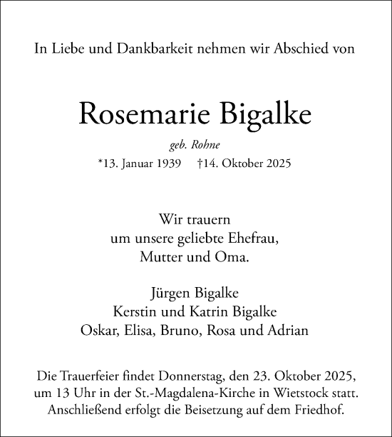 Traueranzeige von Rosemarie Bigalke von Nordkurier Haff-Zeitung