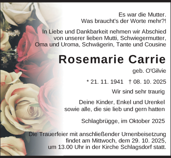 Traueranzeige von Rosemarie Carrie von Gadebusch - Rehnaer Zeitung