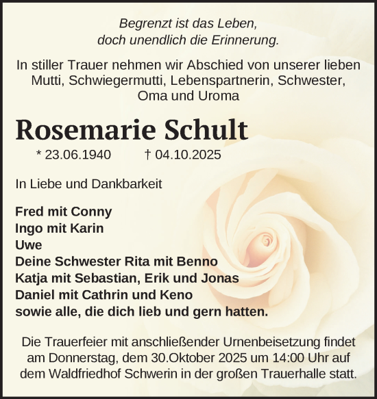 Traueranzeige von Rosemarie Schult von Zeitung für die Landeshauptstadt