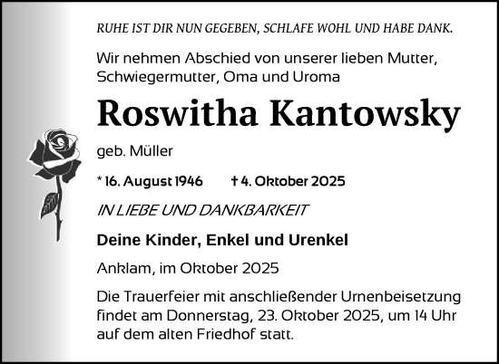 Traueranzeige von Roswitha Kantowsky von Nordkurier Vorpommern Kurier
