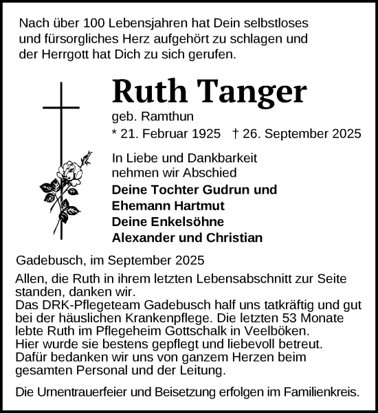 Traueranzeige von Ruth Tanger von Gadebusch - Rehnaer Zeitung