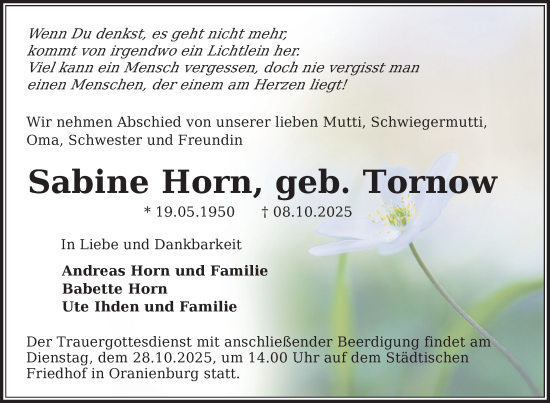 Traueranzeige von Sabine Horn von Uckermark Kurier Templiner Zeitung
