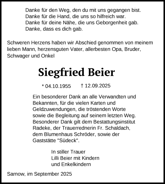 Traueranzeige von Siegfried Beier von Nordkurier Vorpommern Kurier