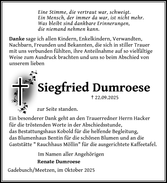 Traueranzeige von Siegfried Dumroese von Gadebusch - Rehnaer Zeitung