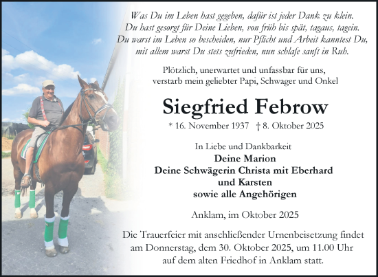 Traueranzeige von Siegfried Febrow von Nordkurier Vorpommern Kurier