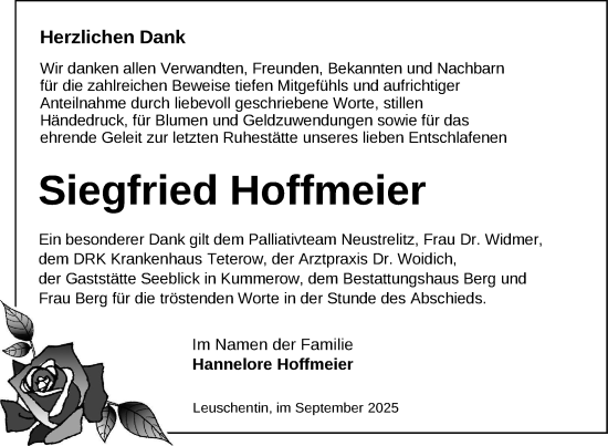 Traueranzeige von Siegfried Hoffmeier von Nordkurier Mecklenburger Schweiz