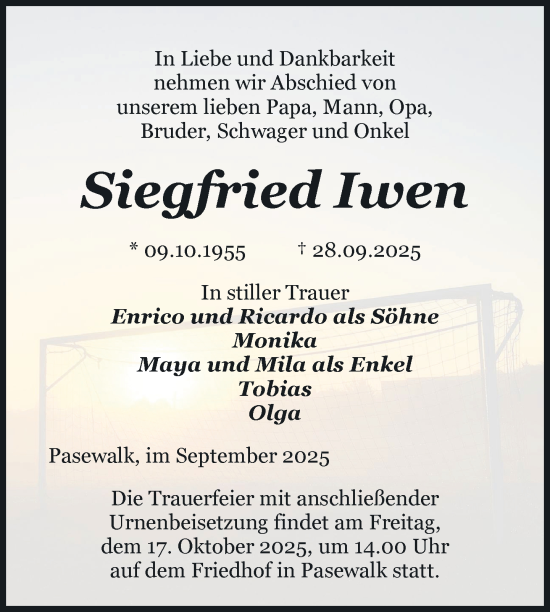 Traueranzeige von Siegfried Iwen von Nordkurier Pasewalker Zeitung