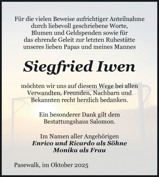 Traueranzeige von Siegfried Iwen von Nordkurier Pasewalker Zeitung