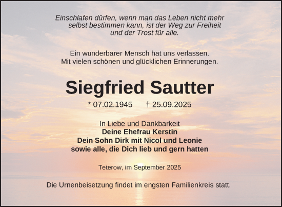 Traueranzeige von Siegfried Sautter von Nordkurier Mecklenburger Schweiz