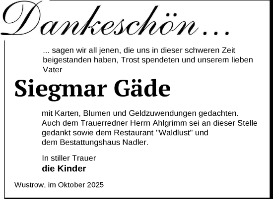 Traueranzeige von Siegmar Gäde von Nordkurier Strelitzer Zeitung