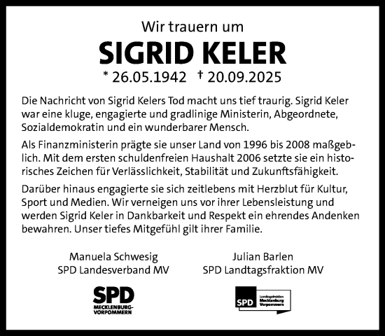 Traueranzeige von Sigrid Keler von Norddeutsche Neueste Nachrichten