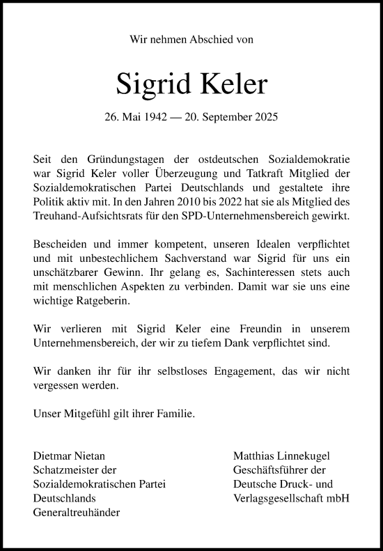 Traueranzeige von Sigrid Keler von Norddeutsche Neueste Nachrichten